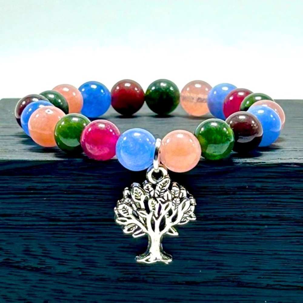 Handmade Tree Pendant Bracelet with Natural Rose Quartz & Angelite Stones!